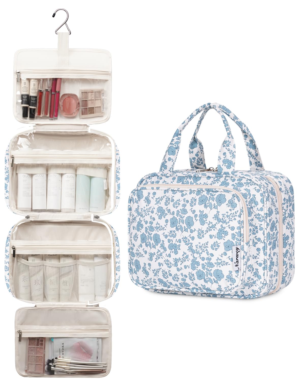 Narwey Travel Toiletry Bag Large Hanging Organizer – Little Blue Flower