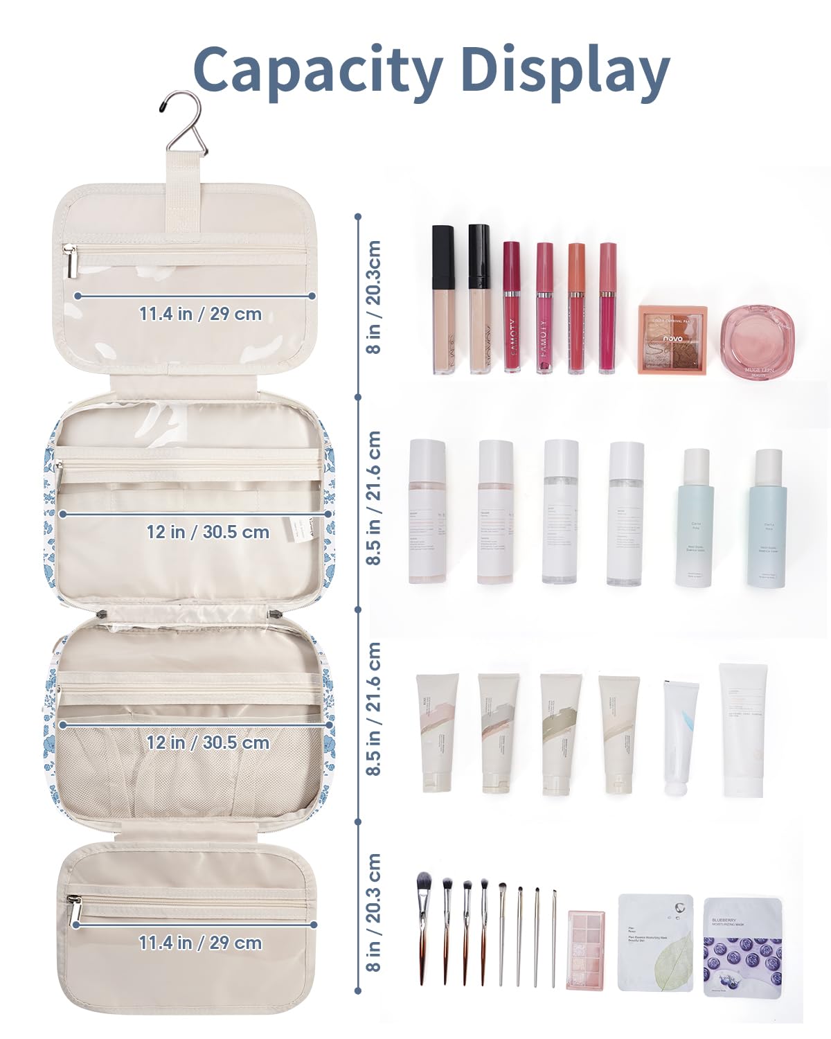 Narwey Travel Toiletry Bag Large Hanging Organizer – Little Blue Flower