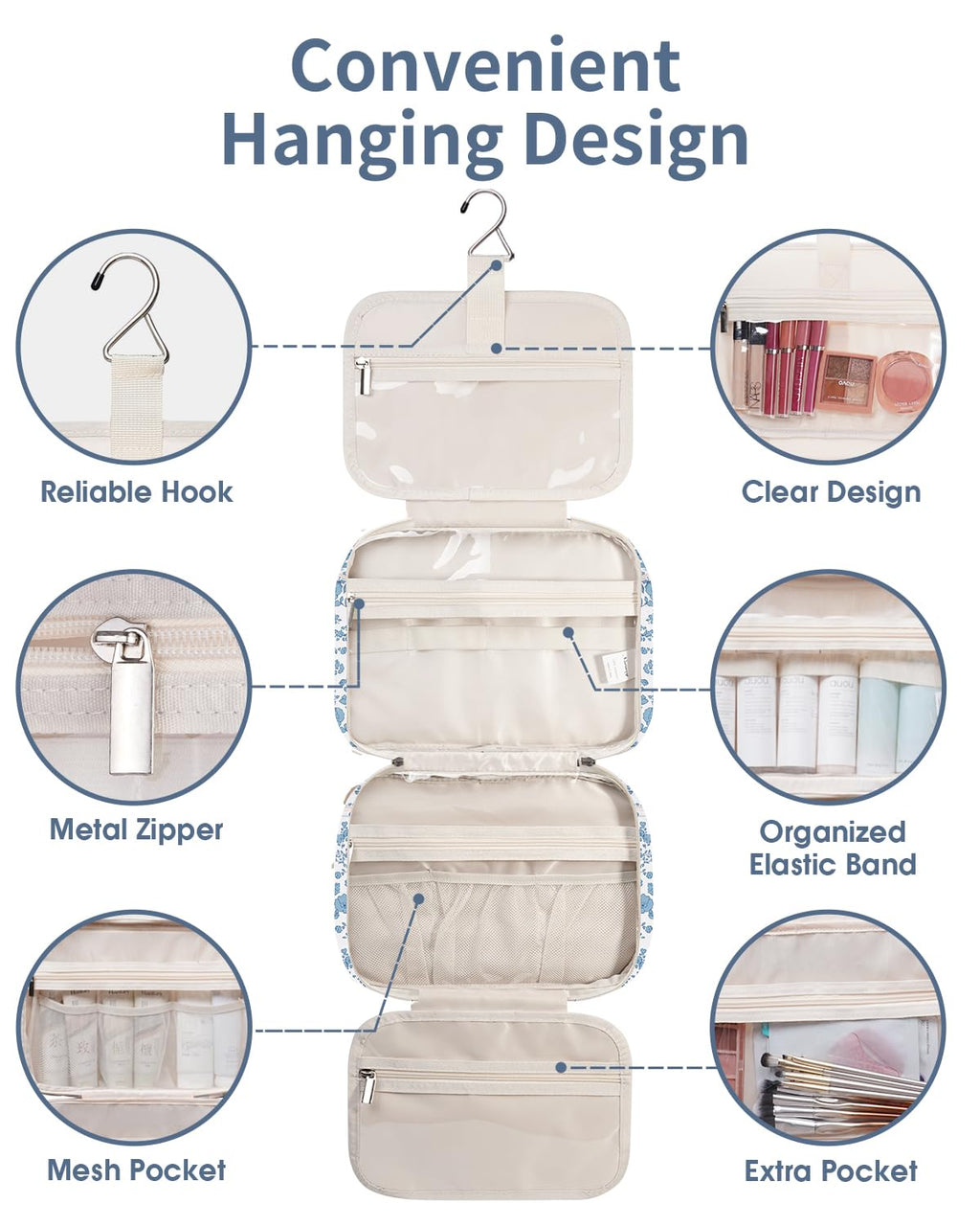 Narwey Travel Toiletry Bag Large Hanging Organizer – Little Blue Flower