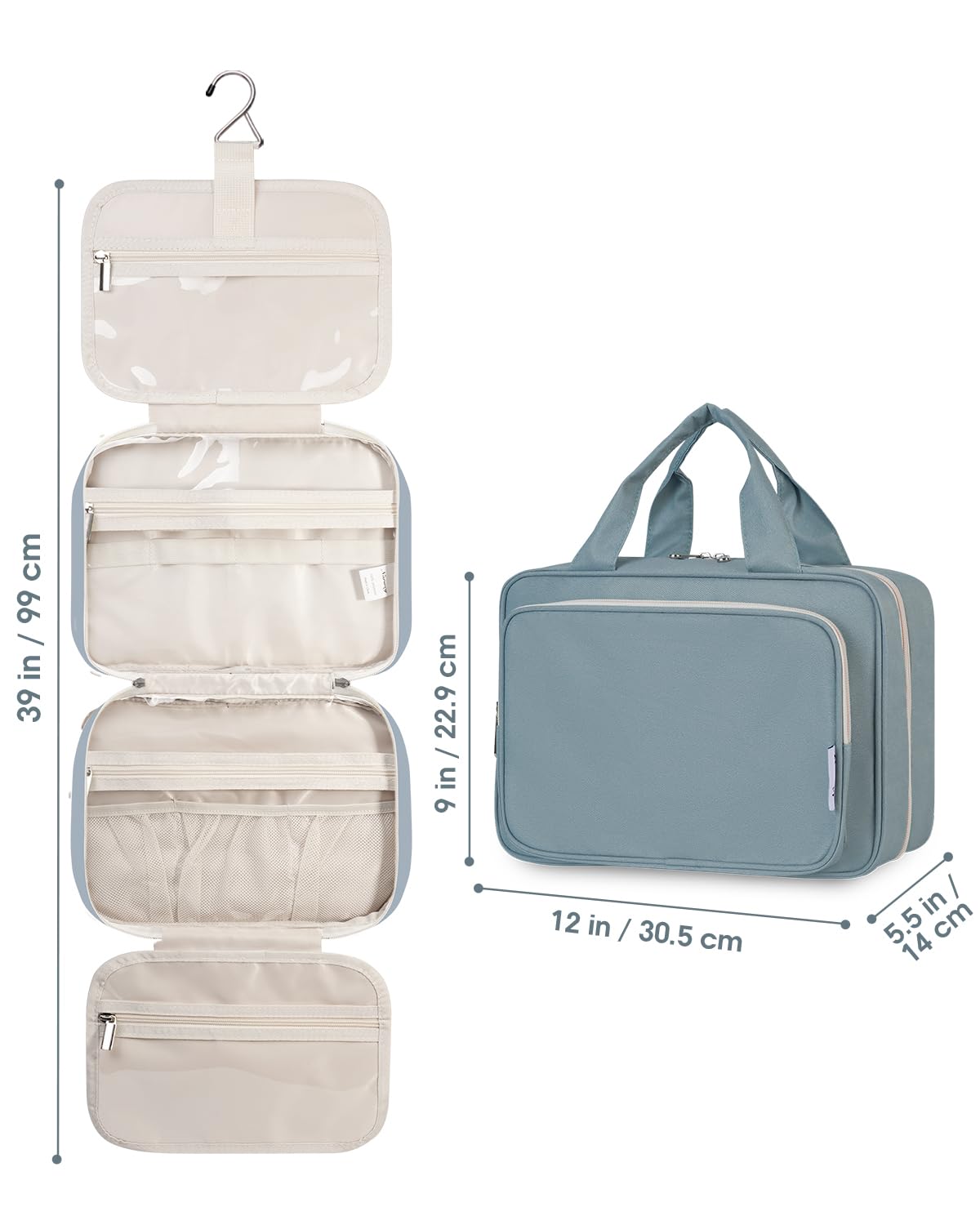 Narwey Travel Toiletry Bag for Women - Large Hanging Organizer, Greyish Blue
