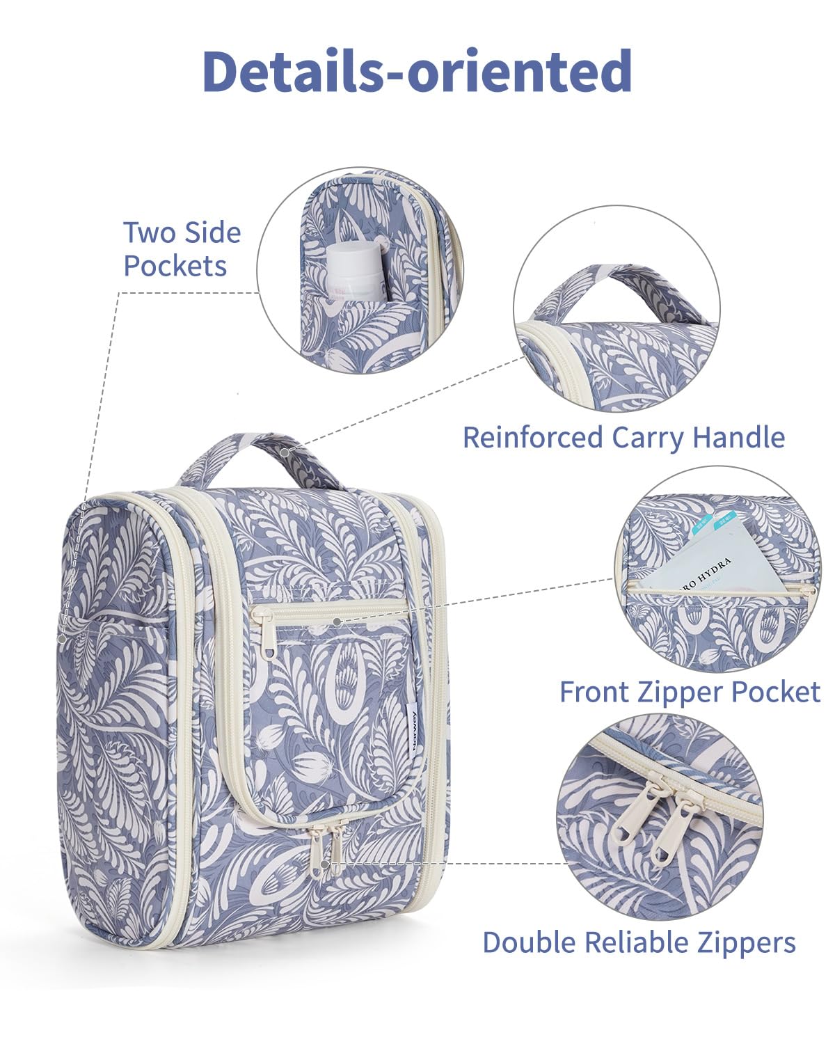 Narwey Small Hanging Toiletry Bag – Medium, Blue Leaf | Travel Makeup Organizer