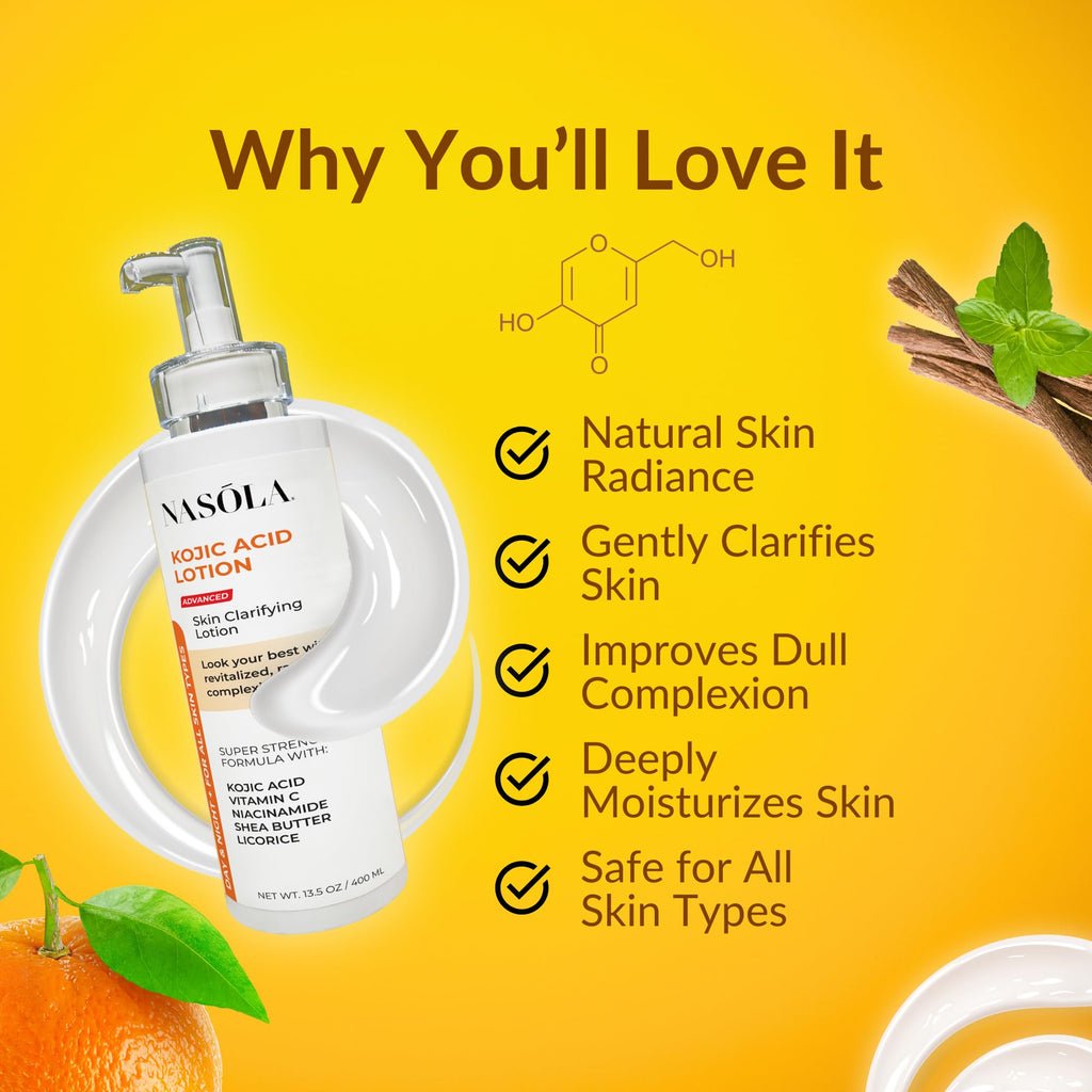 Nasola Kojic Acid Lotion - Natural Skin Clarifying with Vitamin C, Niacinamide & Shea Butter