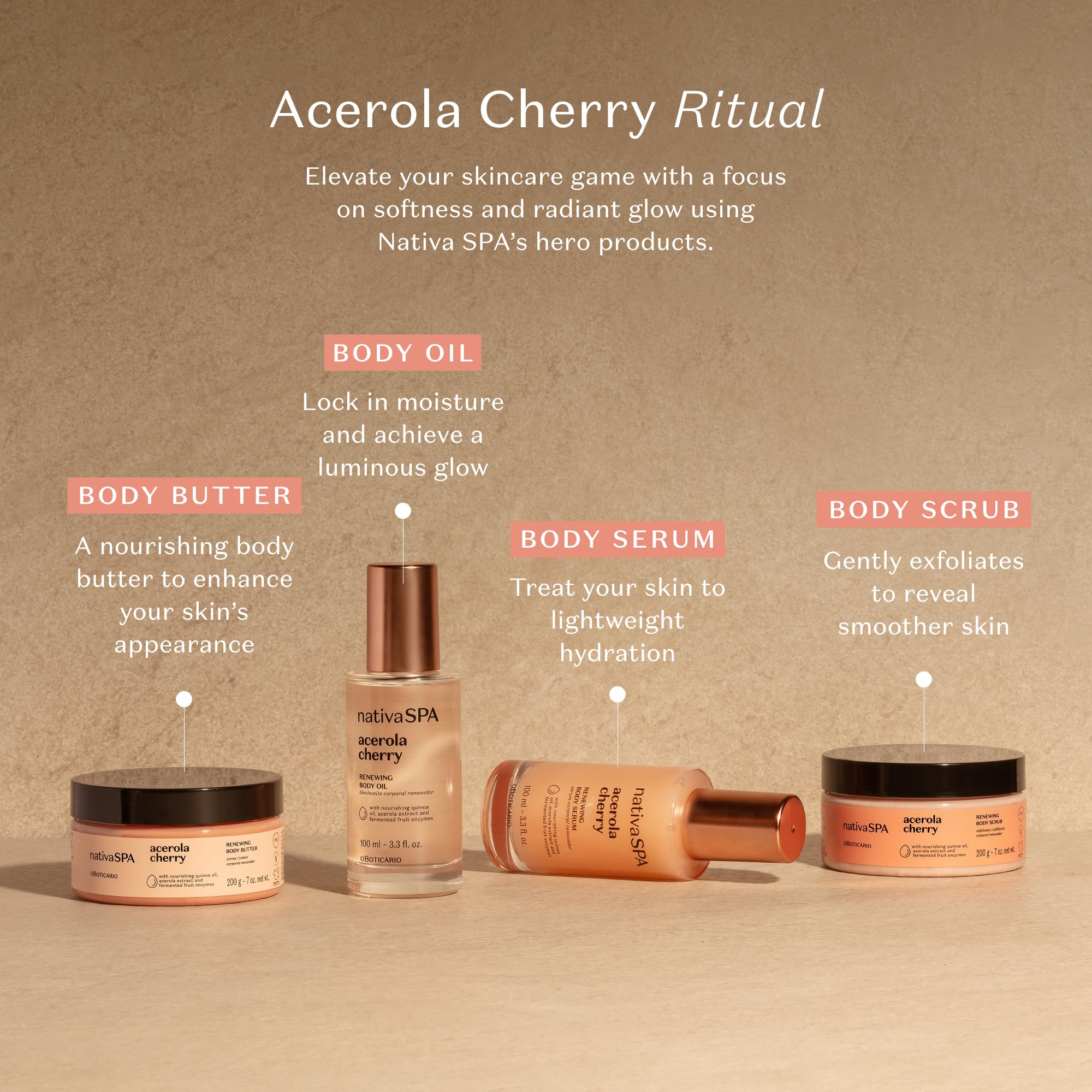 NATIVA SPA by O Boticário Acerola Cherry Renewing Body Oil – Luminous Glow & Deep Hydration | 3.38 oz (100 ml)