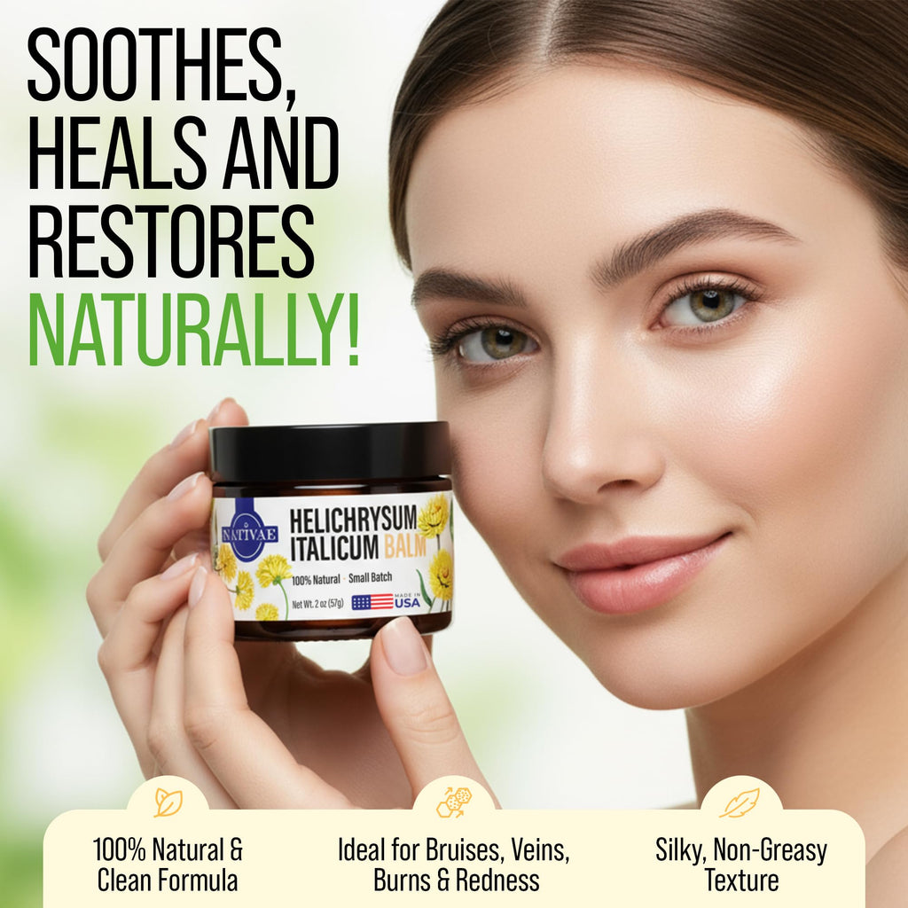 Nativae Helichrysum Balm – Helichrysum Italicum Essential Oil Skin Cream for Bruises, Veins, Burns & Redness – Soothing Moisturizer for Face & Body