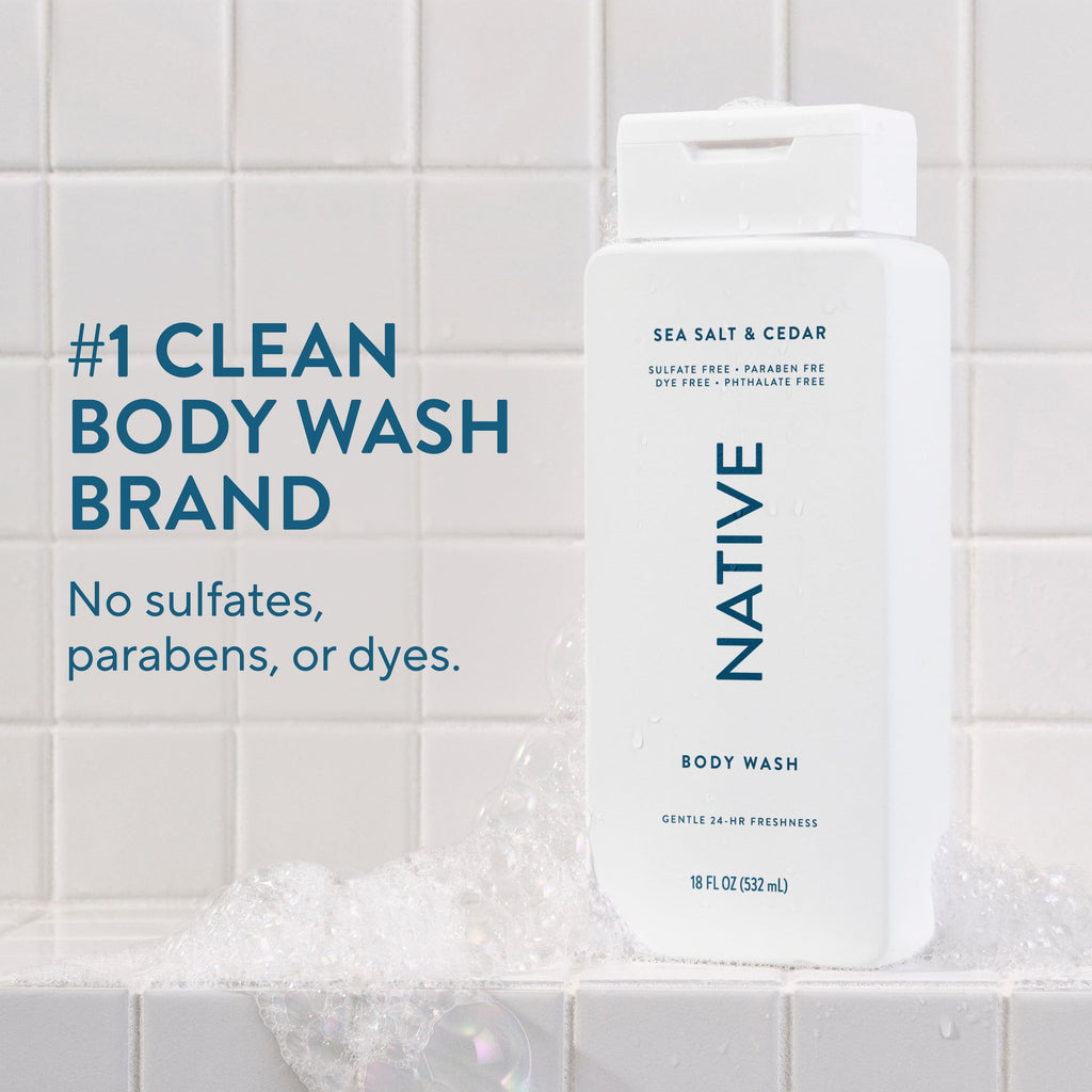 Native Body Wash Sea Salt & Cedar — Sulfate Free, Paraben Free, Dye Free, Hydrating 18 oz