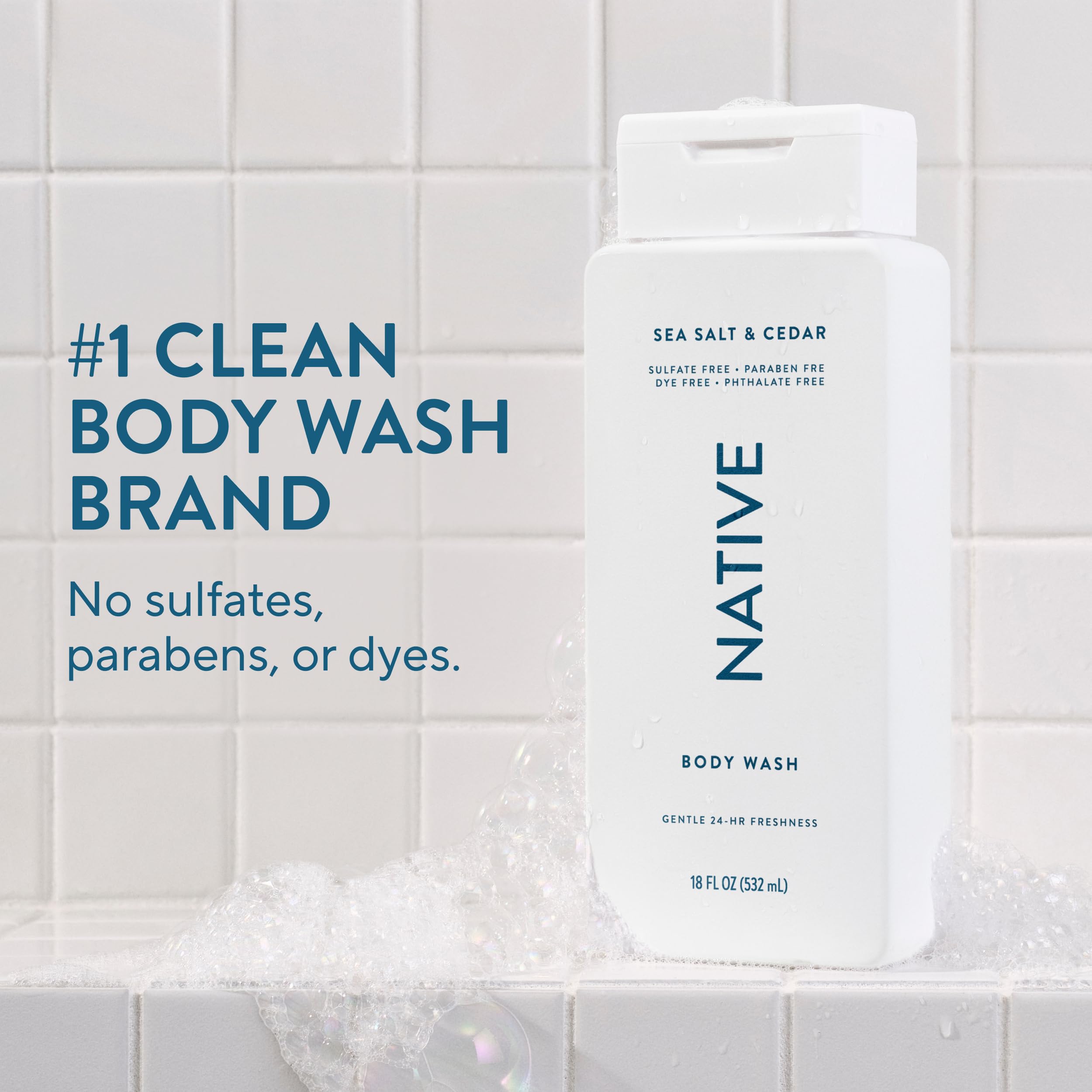 Native Body Wash Sea Salt & Cedar — Sulfate Free, Paraben Free, Dye Free, Hydrating 18 oz
