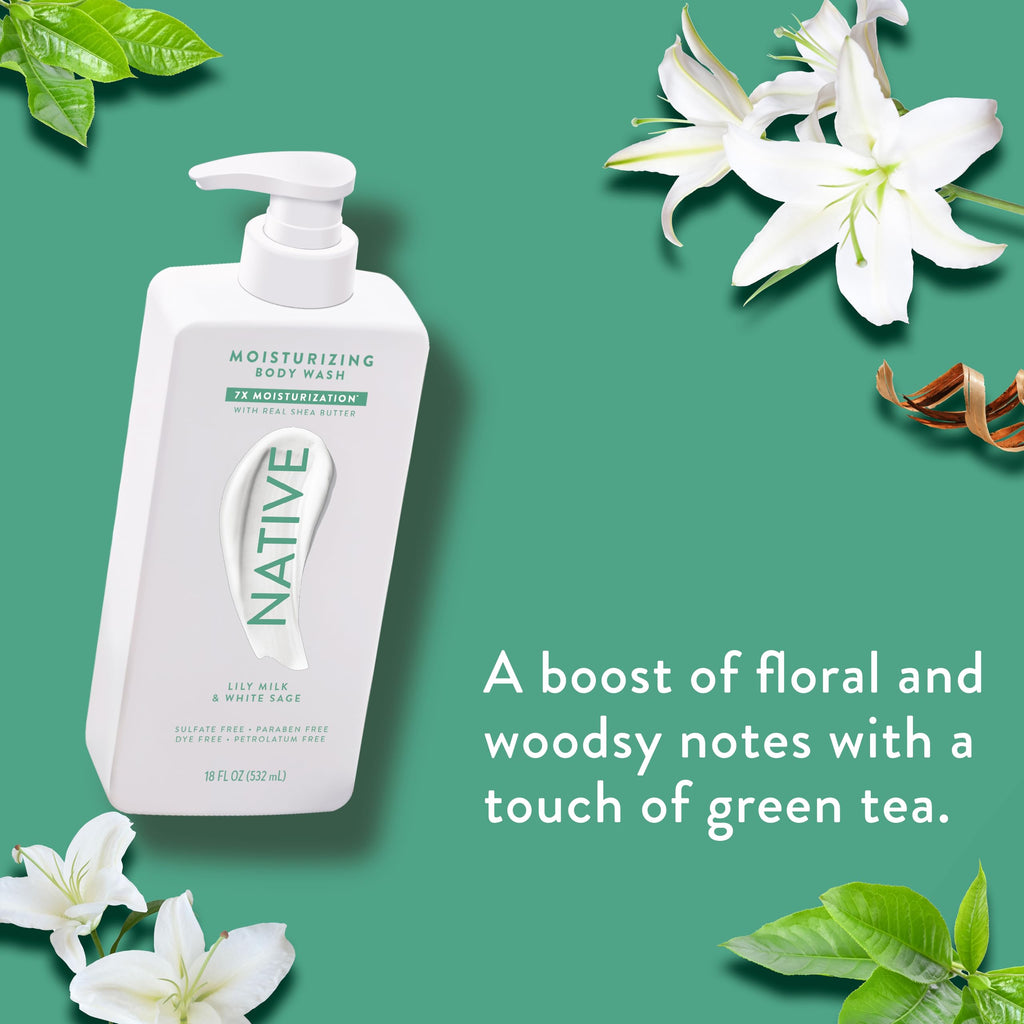 Native Lily Milk & White Sage Body Wash – 24-Hour Moisturizing, Sulfate & Dye Free, 18 oz