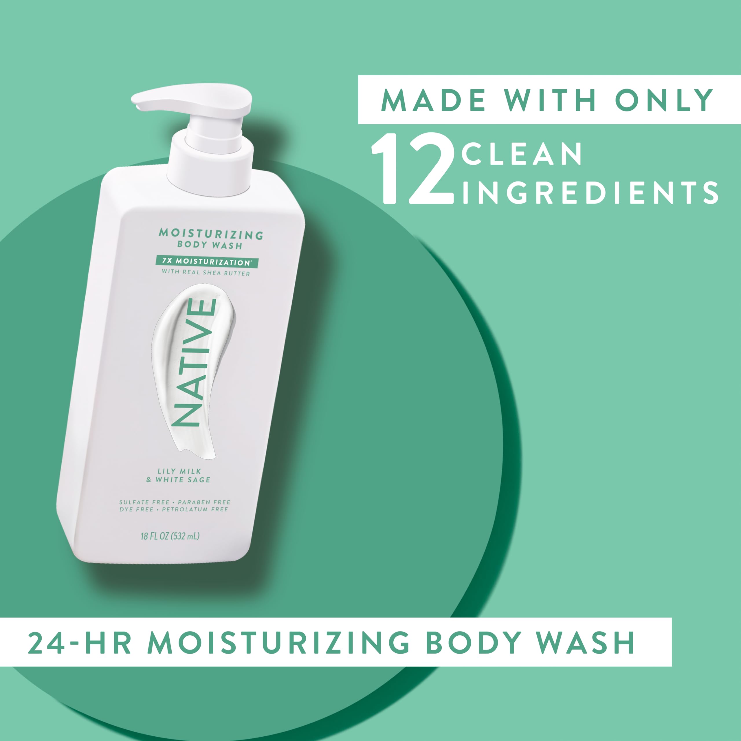 Native Lily Milk & White Sage Body Wash – 24-Hour Moisturizing, Sulfate & Dye Free, 18 oz