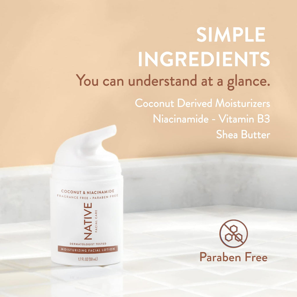 Native Moisturizing Daily Facial Moisturizer with Vitamin B3 & Coconut — Lightweight, Non-Greasy Hydration | 1.7 fl oz