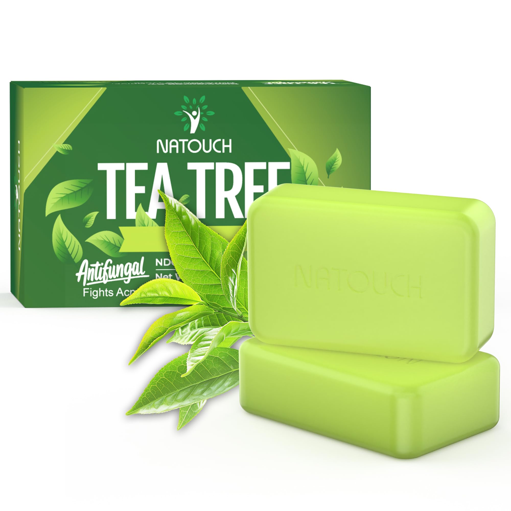 Natouch Antifungal Antibacterial Soap Bar – Tea Tree Oil, Face & Body, 2-Pack, 8 oz