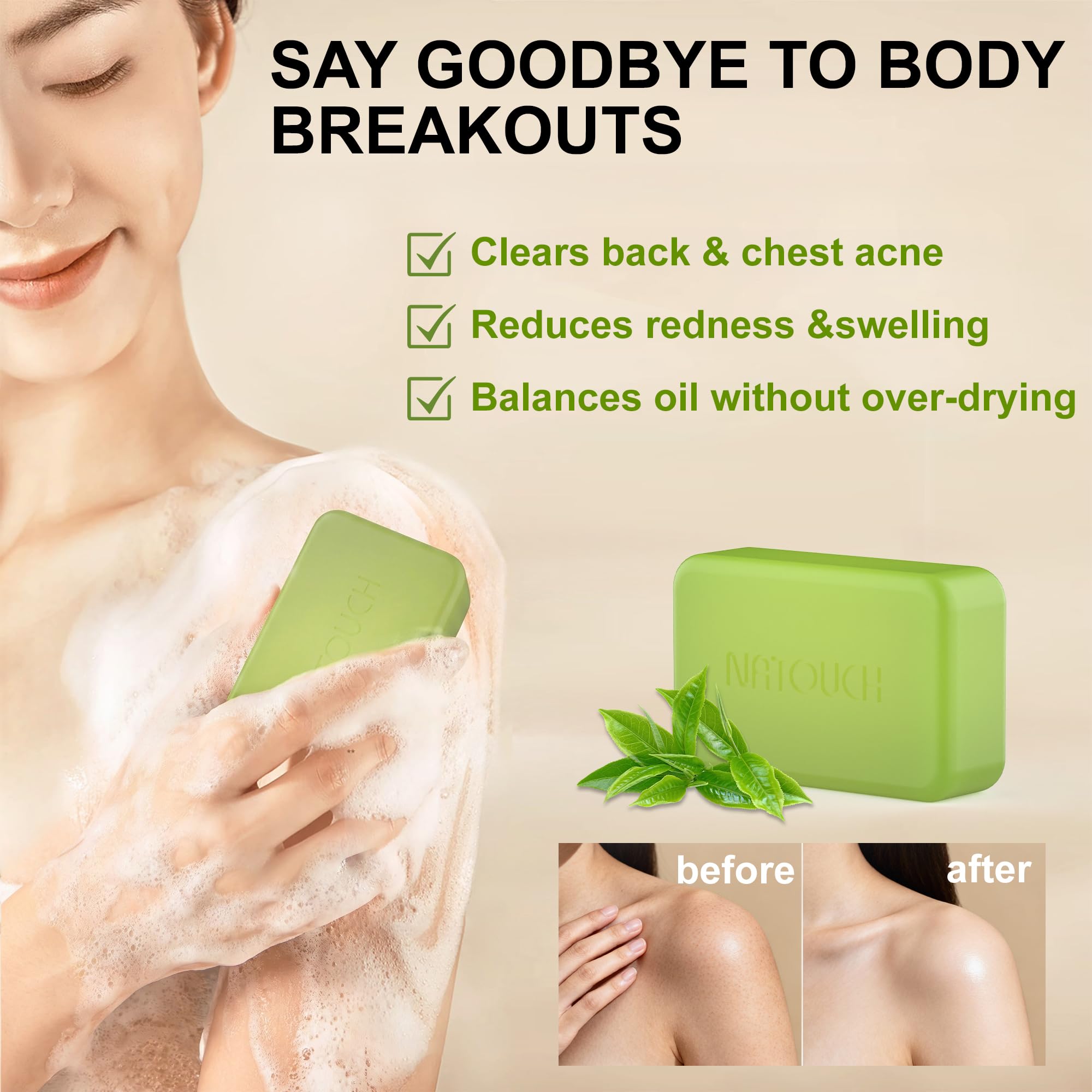 Natouch Antifungal Antibacterial Soap Bar – Tea Tree Oil, Face & Body, 2-Pack, 8 oz
