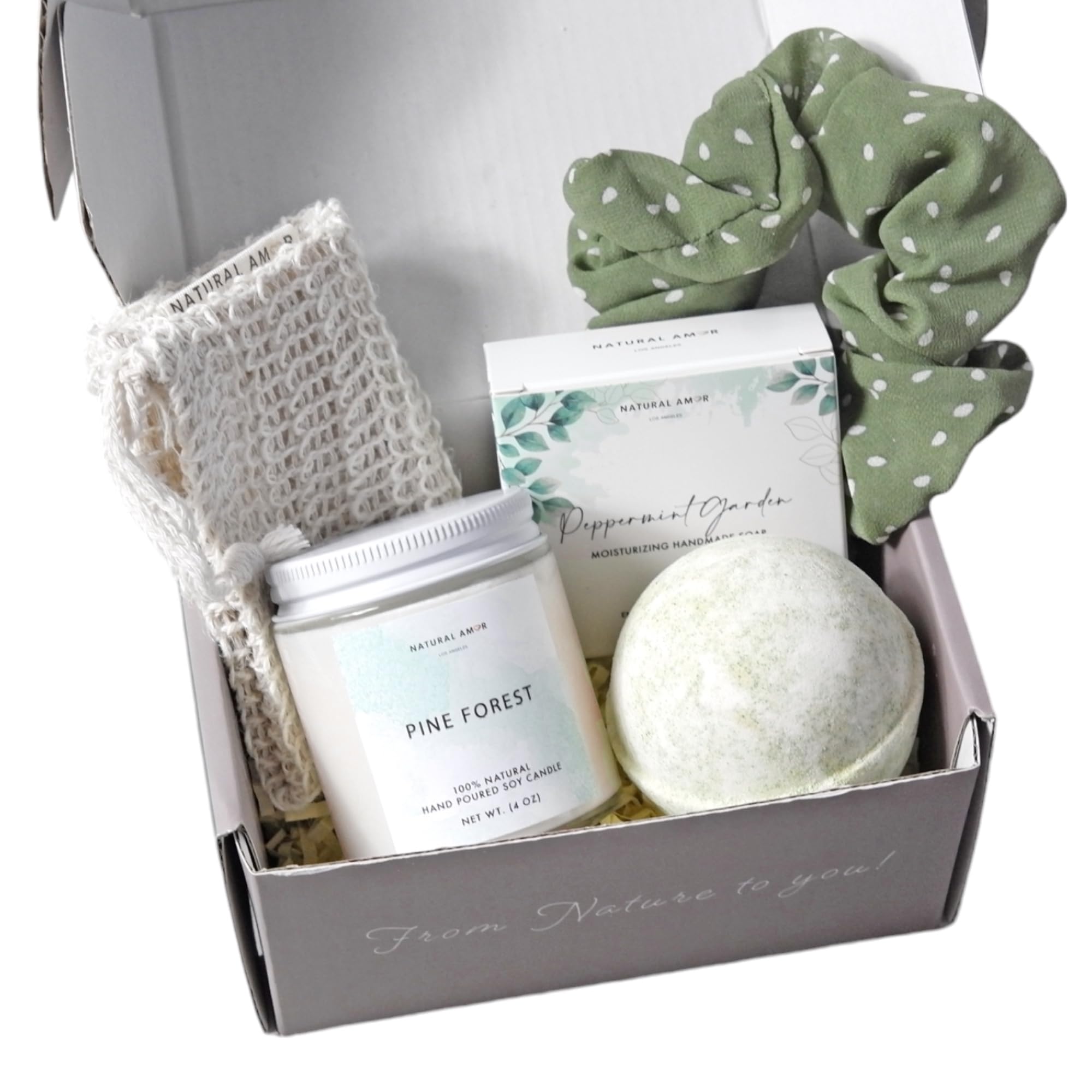 Natural Amor Green Spa Gift Set for Women – Peppermint Soap, Bath Bomb, Pine Candle & More