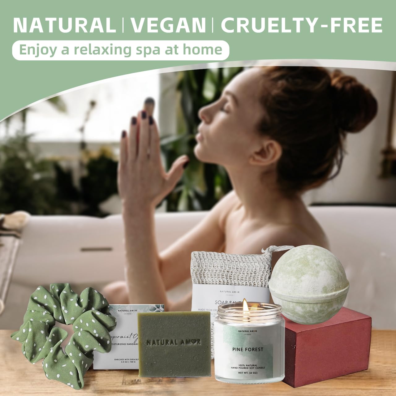 Natural Amor Green Spa Gift Set for Women – Peppermint Soap, Bath Bomb, Pine Candle & More