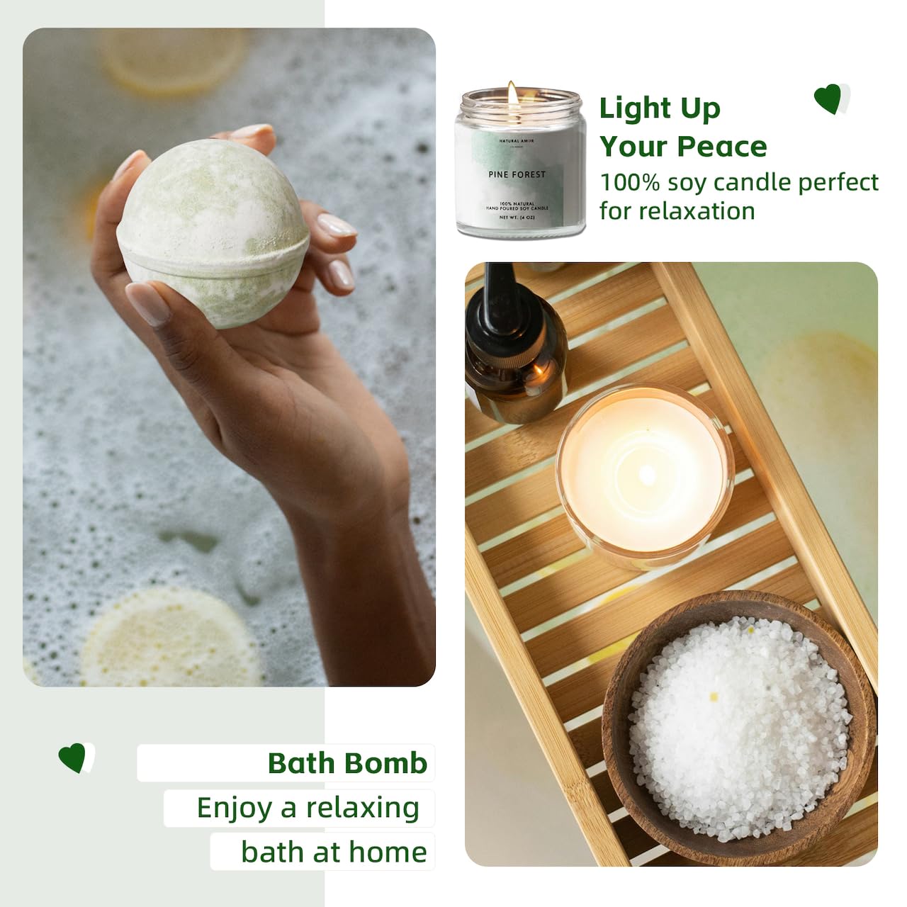 Natural Amor Green Spa Gift Set for Women – Peppermint Soap, Bath Bomb, Pine Candle & More