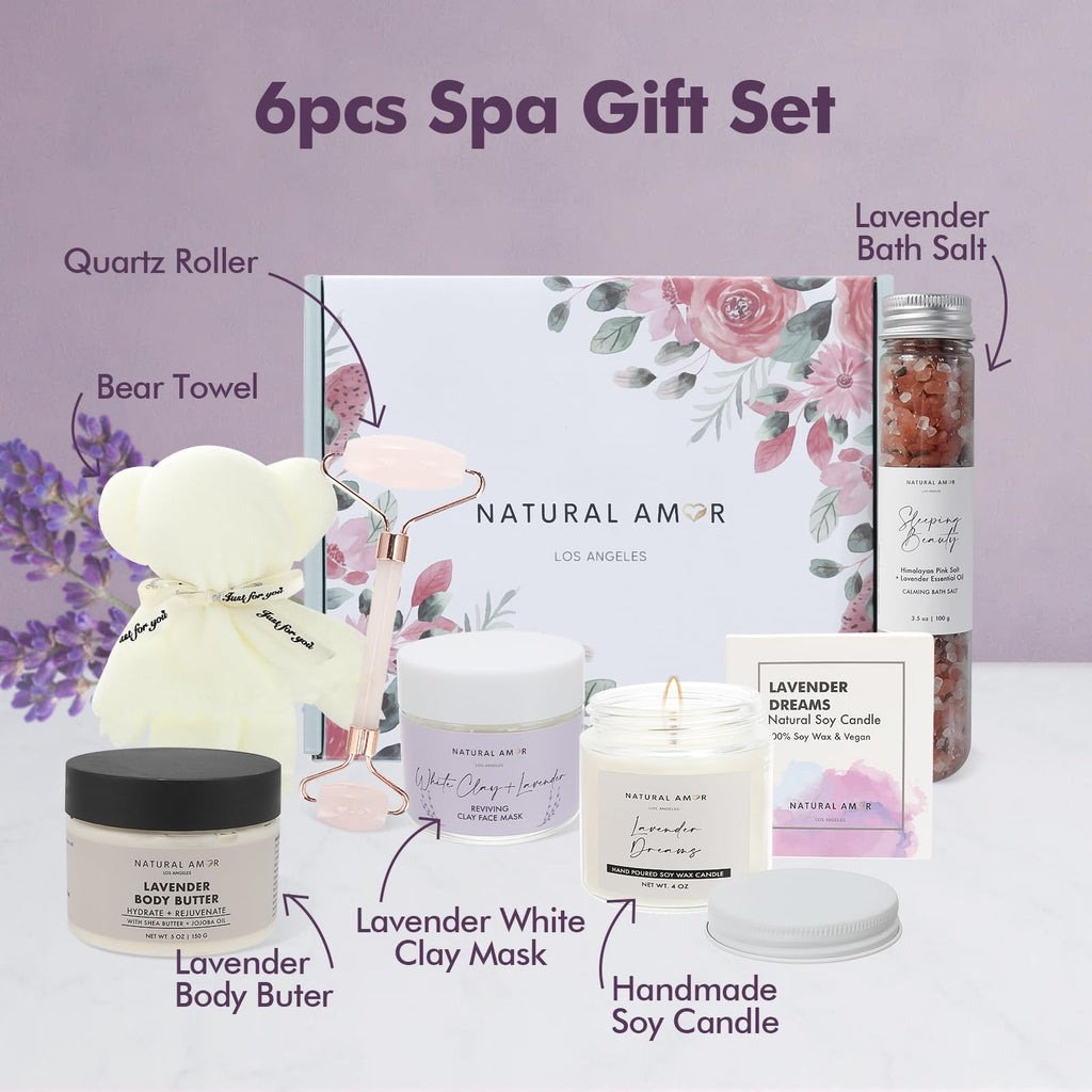 Natural Amor Lavender Spa Gift Set – 6-Piece Handmade Self-Care Kit | Body Butter, Bath Salt, Clay Mask, Candle, Jade Roller & Bear Towel