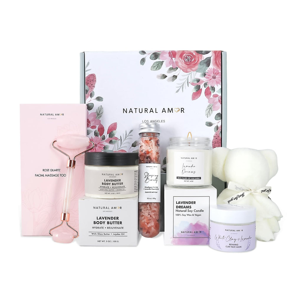 Natural Amor Lavender Spa Gift Set – 6-Piece Handmade Self-Care Kit | Body Butter, Bath Salt, Clay Mask, Candle, Jade Roller & Bear Towel