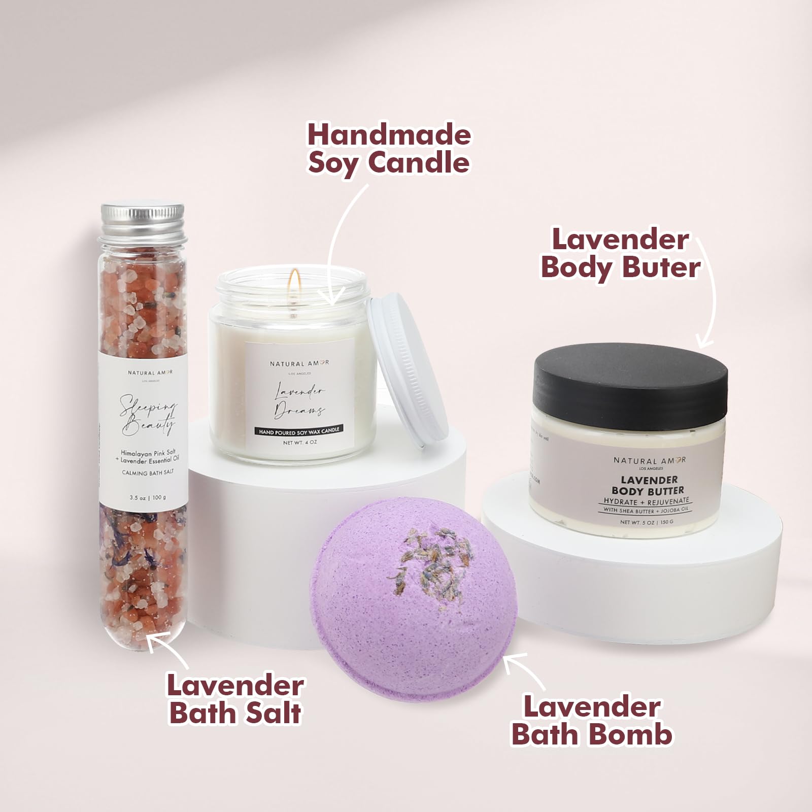 Natural Amor Lavender Spa Gift Set – 6-Piece Handmade Self-Care Kit | Body Butter, Bath Salt, Clay Mask, Candle, Jade Roller & Bear Towel