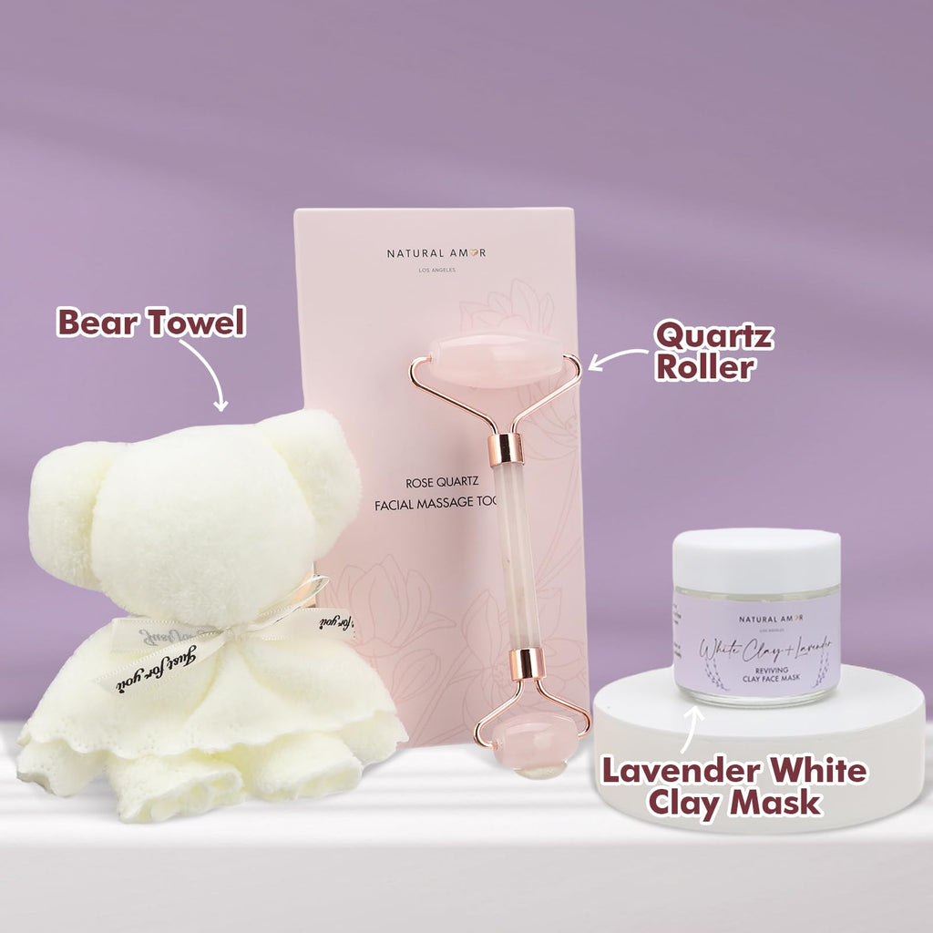 Natural Amor Lavender Spa Gift Set – 6-Piece Handmade Self-Care Kit | Body Butter, Bath Salt, Clay Mask, Candle, Jade Roller & Bear Towel