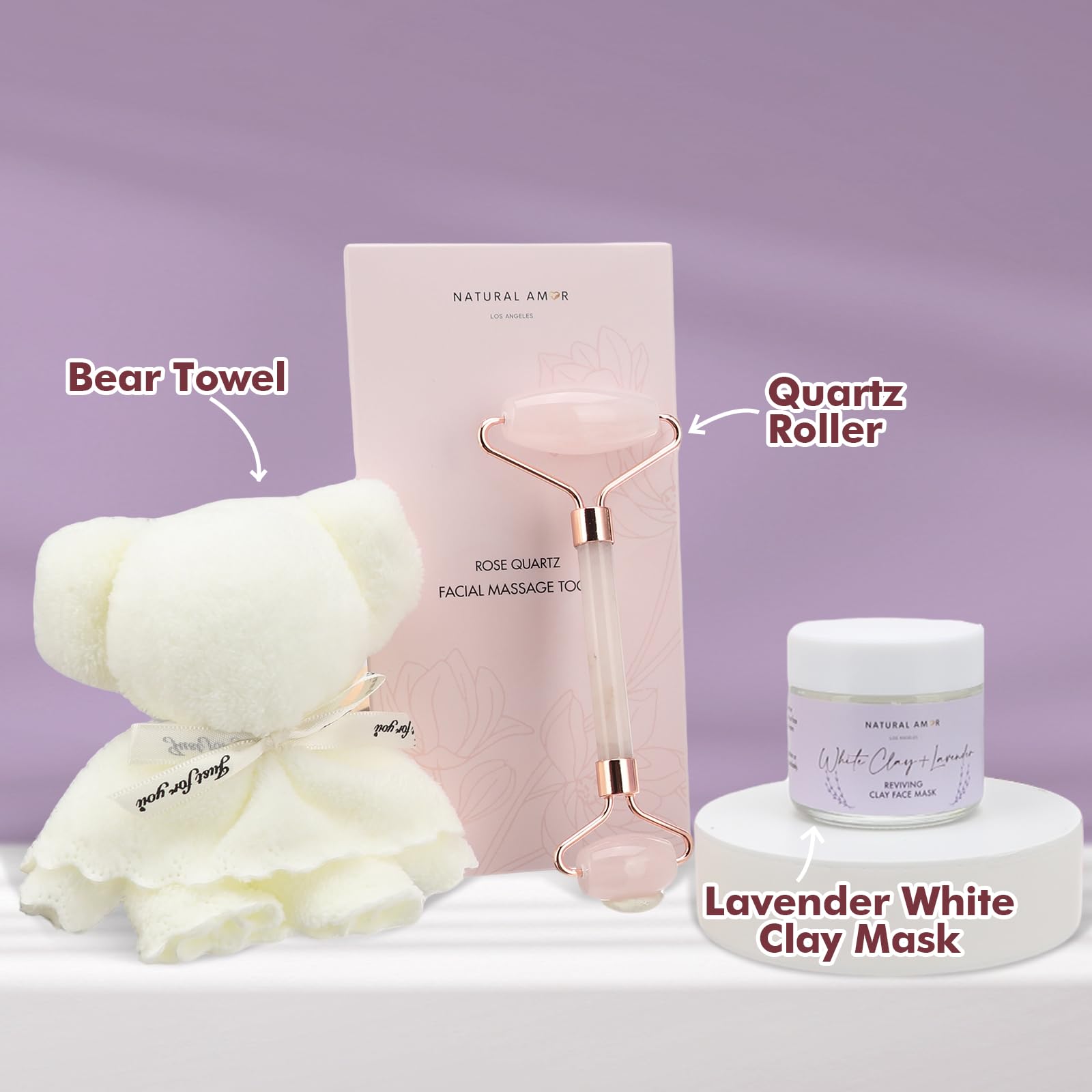 Natural Amor Lavender Spa Gift Set – 6-Piece Handmade Self-Care Kit | Body Butter, Bath Salt, Clay Mask, Candle, Jade Roller & Bear Towel