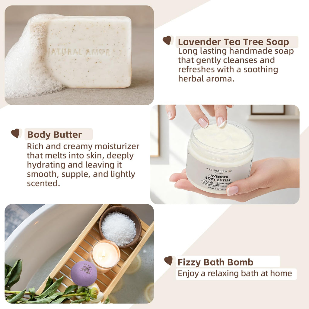 Natural Amor Lavender Spa Gift Set – 5-Piece Lavender Self-Care Kit | Bath Bomb, Body Butter, Soap, Bath Salt, Candle
