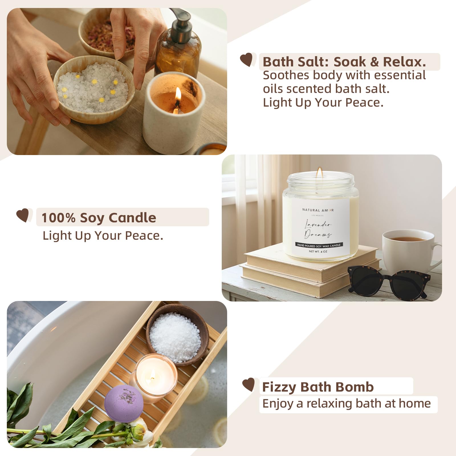 Natural Amor Lavender Spa Gift Set – 5-Piece Lavender Self-Care Kit | Bath Bomb, Body Butter, Soap, Bath Salt, Candle
