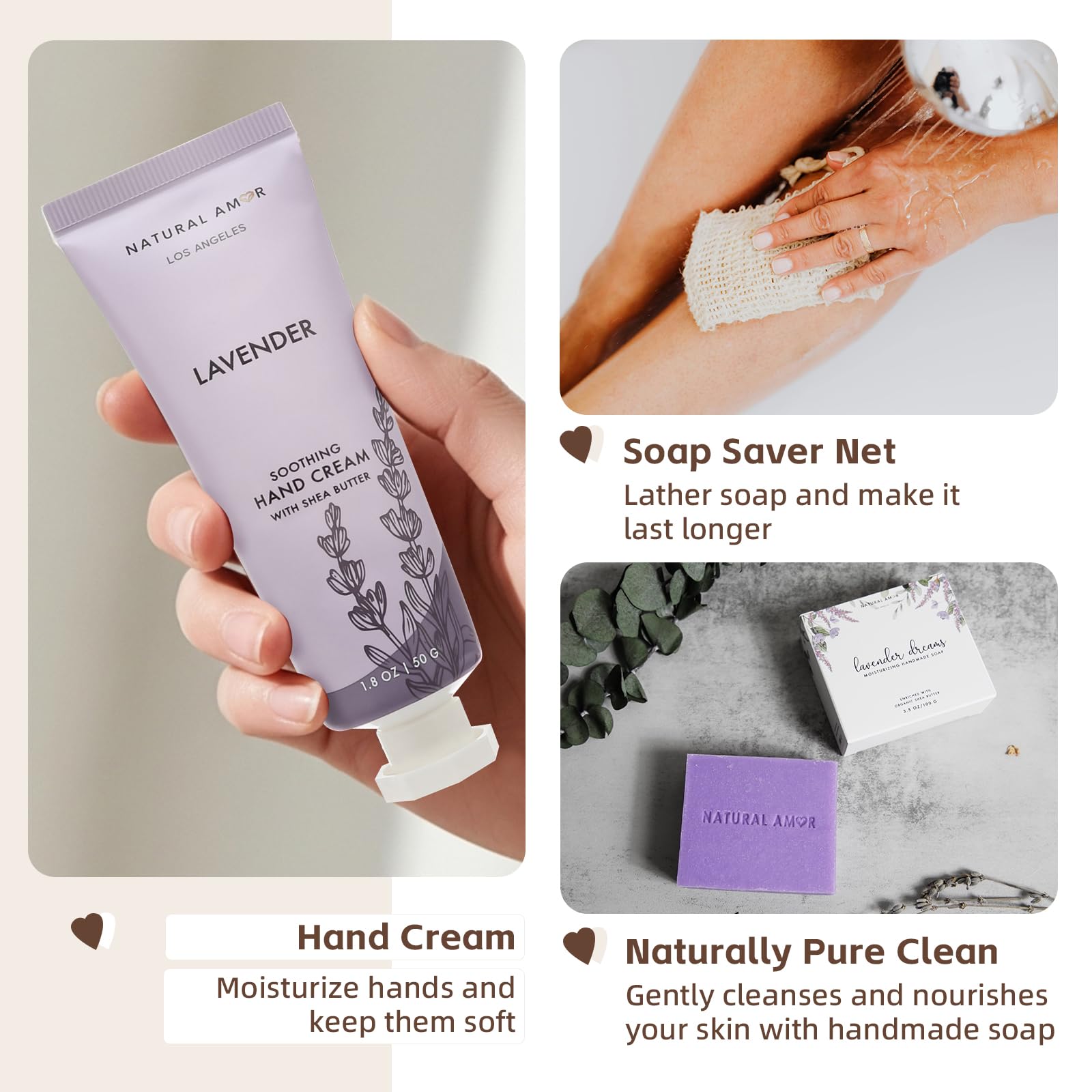 Natural Amor Los Angeles Handmade Spa Gift Set 6-Piece – Citrus Bath Bomb, Lavender Hand Cream, Soap & Candle