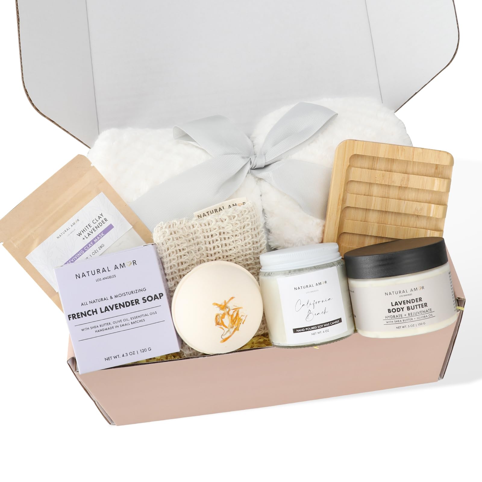 Natural Amor Los Angeles 8-Piece Spa Gift Set with Blanket — Lavender Body Butter, Soap & Candle