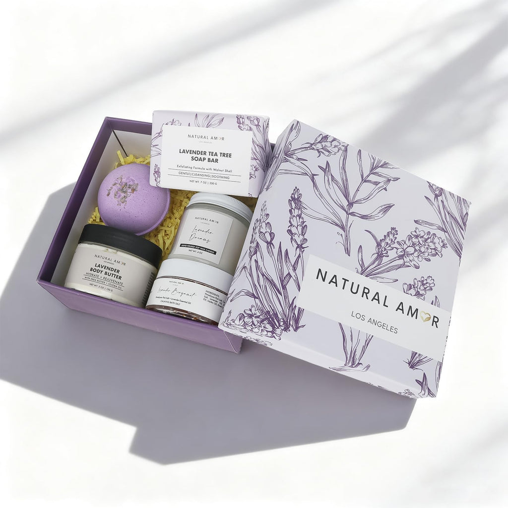 Natural Amor Lavender Spa Gift Set – 5-Piece Lavender Self-Care Kit | Bath Bomb, Body Butter, Soap, Bath Salt, Candle
