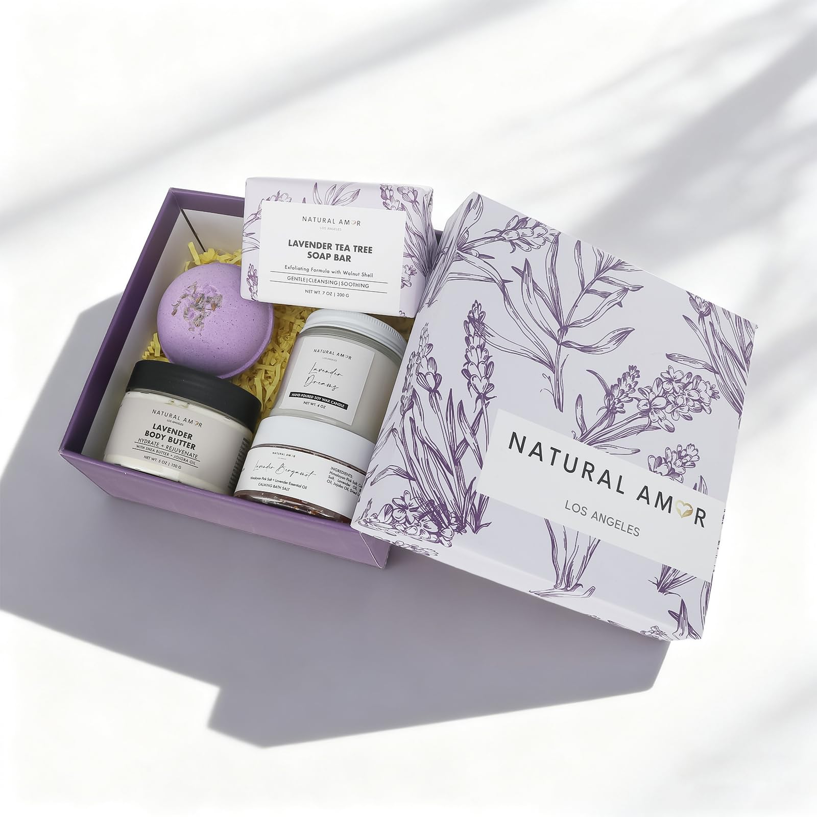 Natural Amor Lavender Spa Gift Set – 5-Piece Lavender Self-Care Kit | Bath Bomb, Body Butter, Soap, Bath Salt, Candle