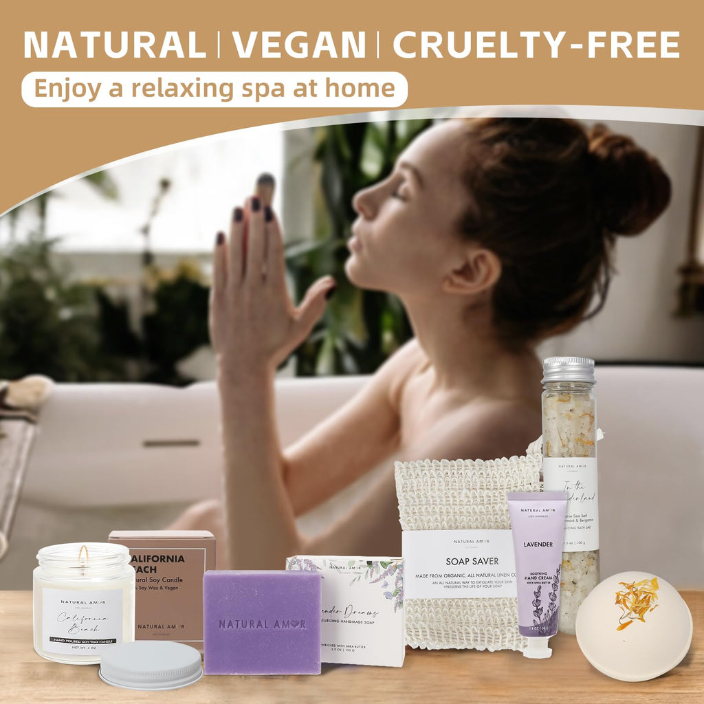 Natural Amor Los Angeles Handmade Spa Gift Set 6-Piece – Citrus Bath Bomb, Lavender Hand Cream, Soap & Candle
