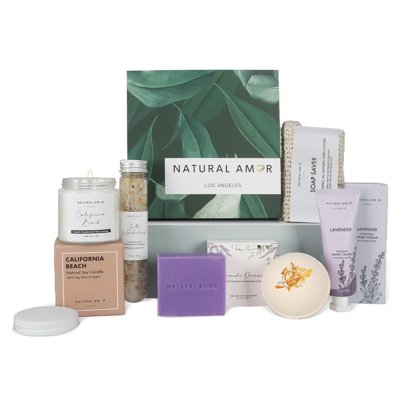 Natural Amor Los Angeles Handmade Spa Gift Set 6-Piece – Citrus Bath Bomb, Lavender Hand Cream, Soap & Candle