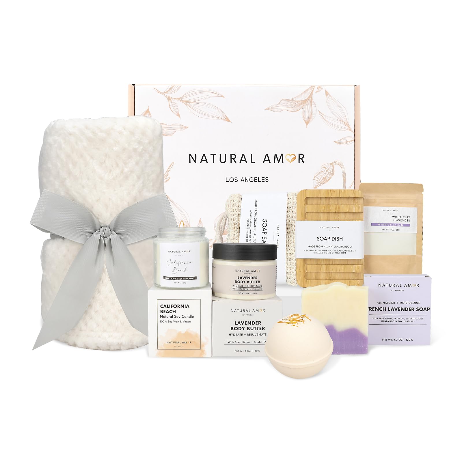 Natural Amor Los Angeles 8-Piece Spa Gift Set with Blanket — Lavender Body Butter, Soap & Candle