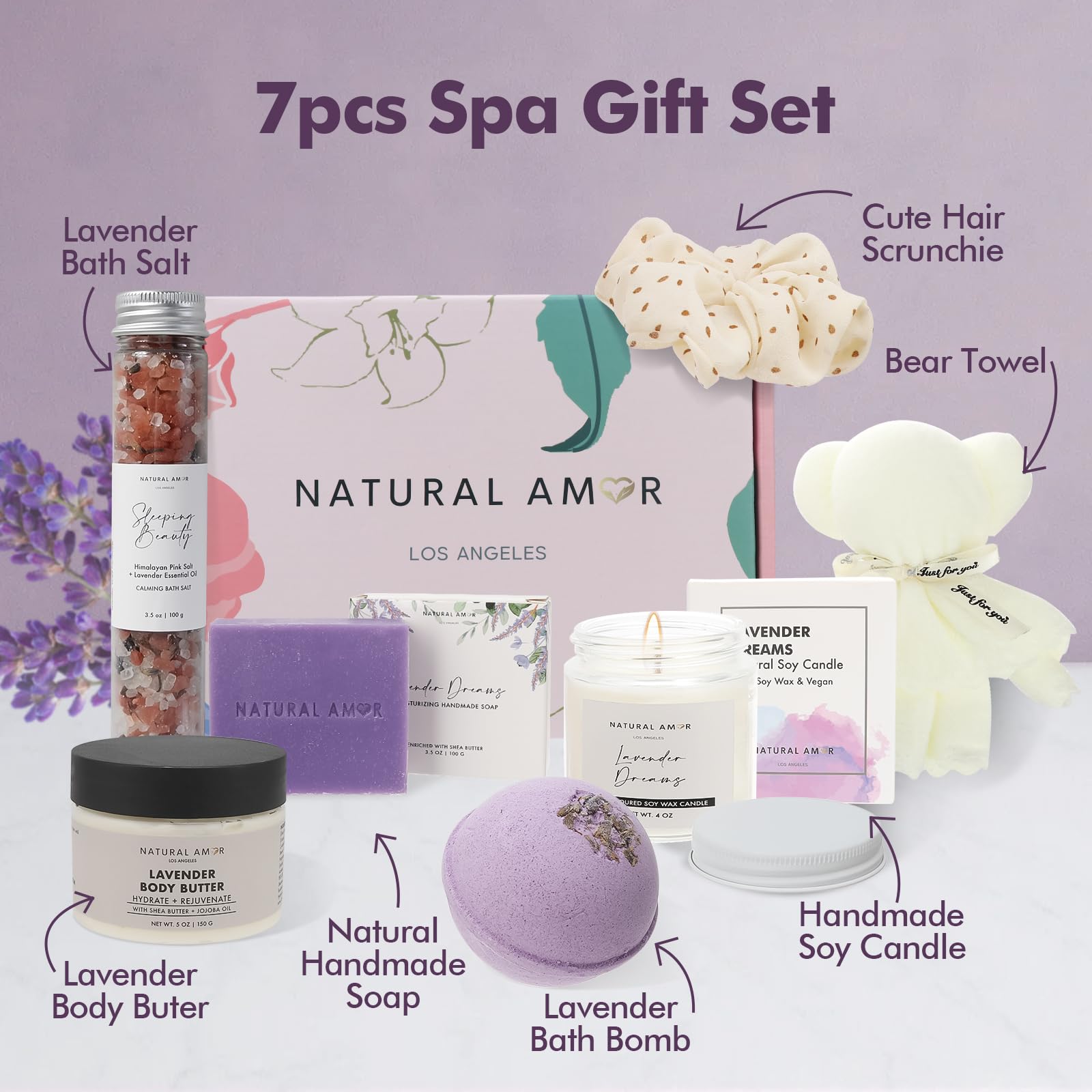 Natural Amor Los Angeles Lavender Spa Gifts for Women – 7pc Self-Care Box