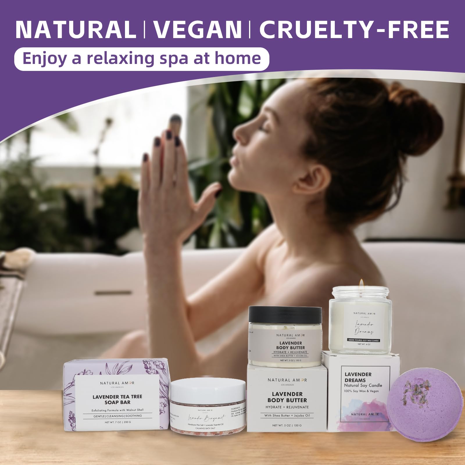 Natural Amor Lavender Spa Gift Set – 5-Piece Lavender Self-Care Kit | Bath Bomb, Body Butter, Soap, Bath Salt, Candle
