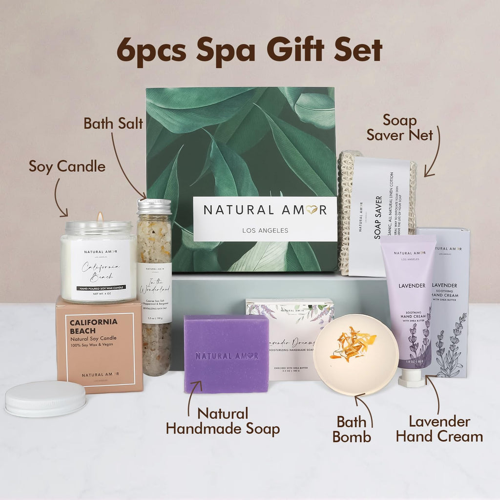 Natural Amor Los Angeles Handmade Spa Gift Set 6-Piece – Citrus Bath Bomb, Lavender Hand Cream, Soap & Candle