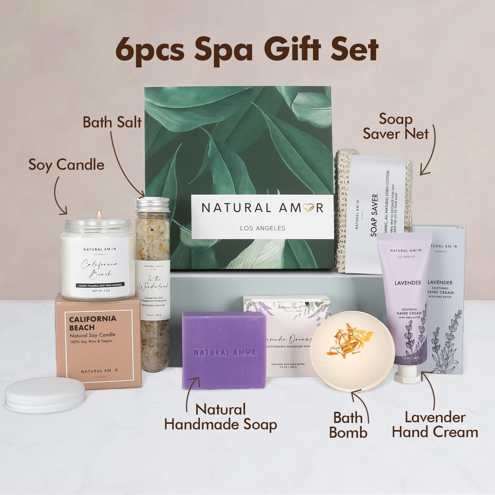 Natural Amor Los Angeles Handmade Spa Gift Set 6-Piece – Citrus Bath Bomb, Lavender Hand Cream, Soap & Candle