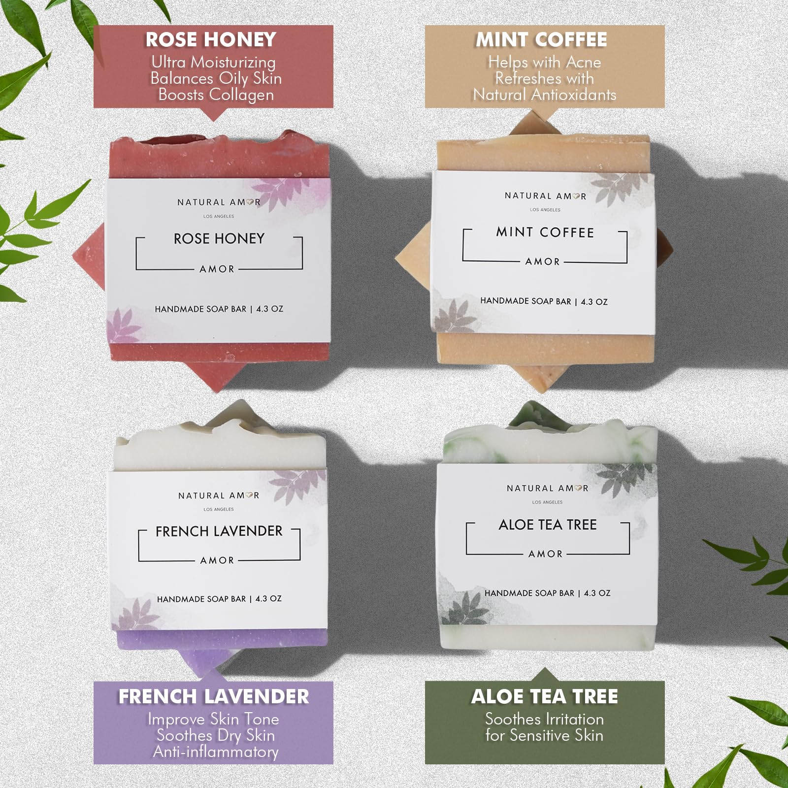 Natural Amor Los Angeles Organic Handmade Soap Bar Set (4 Pack) – Cold Process Gift for Women