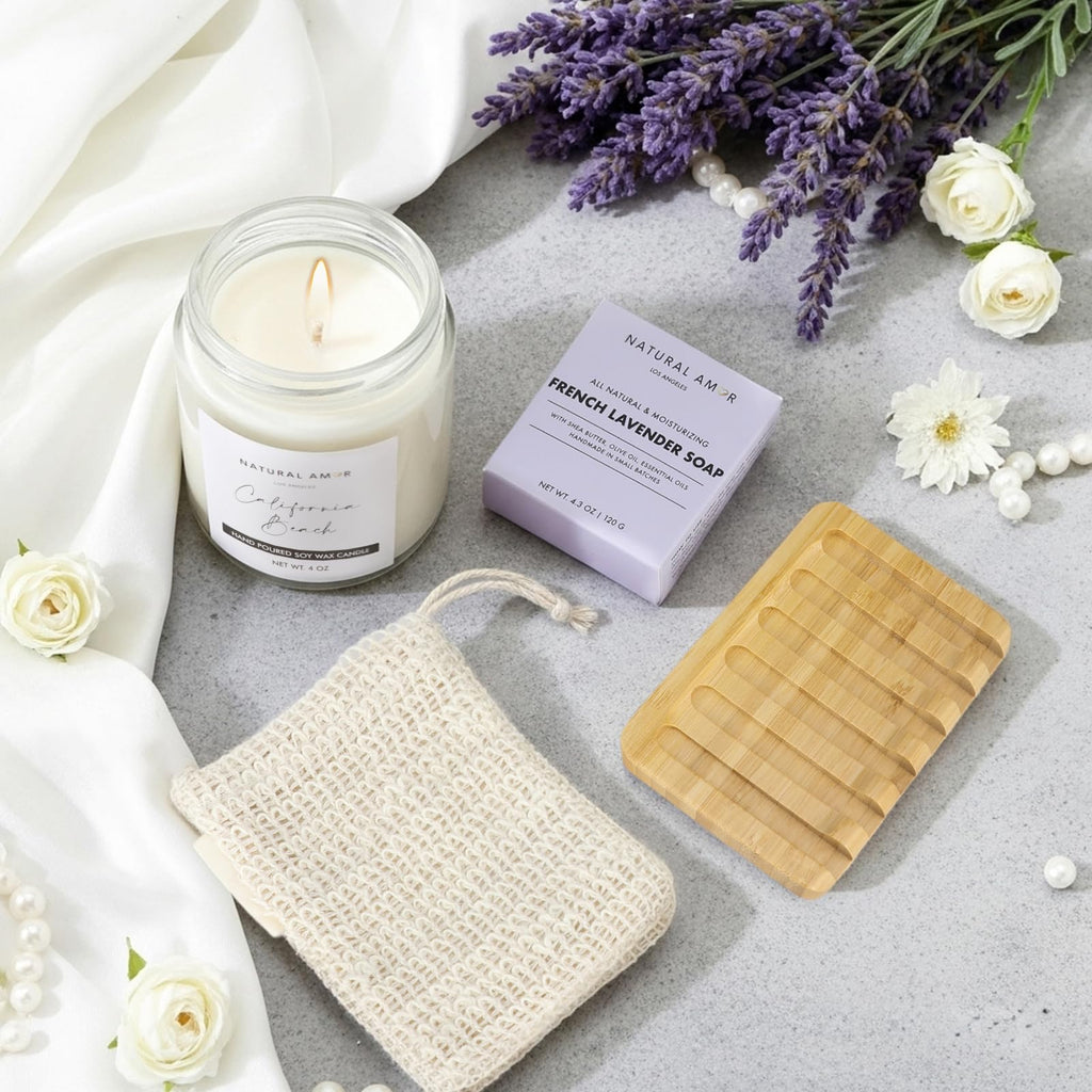 Natural Amor Los Angeles 8-Piece Spa Gift Set with Blanket — Lavender Body Butter, Soap & Candle