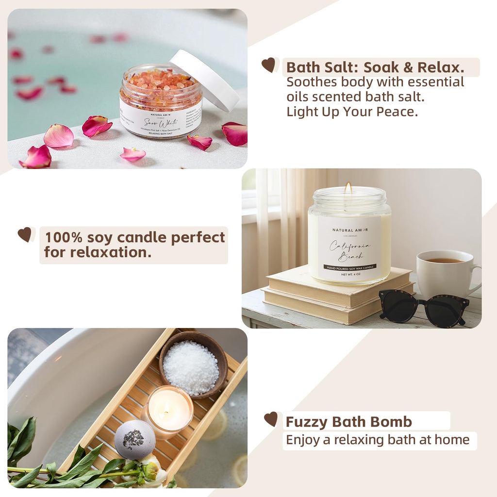 Natural Amor Spa Gift Set for Women – 6-Piece Self-Care Gift Box with Handmade Soap, Bath Bomb, Candle & Skincare