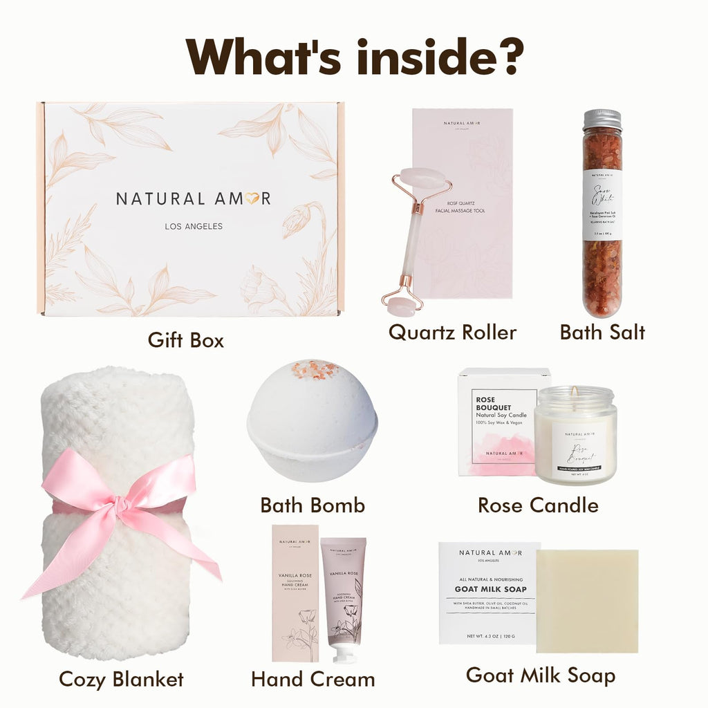 Natural Amor Spa Gift Set – 7-Piece Home Spa Box with Blanket, Bath Bomb, Candle & More