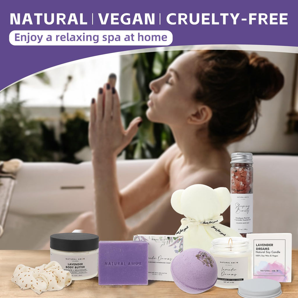 Natural Amor Los Angeles Lavender Spa Gifts for Women – 7pc Self-Care Box