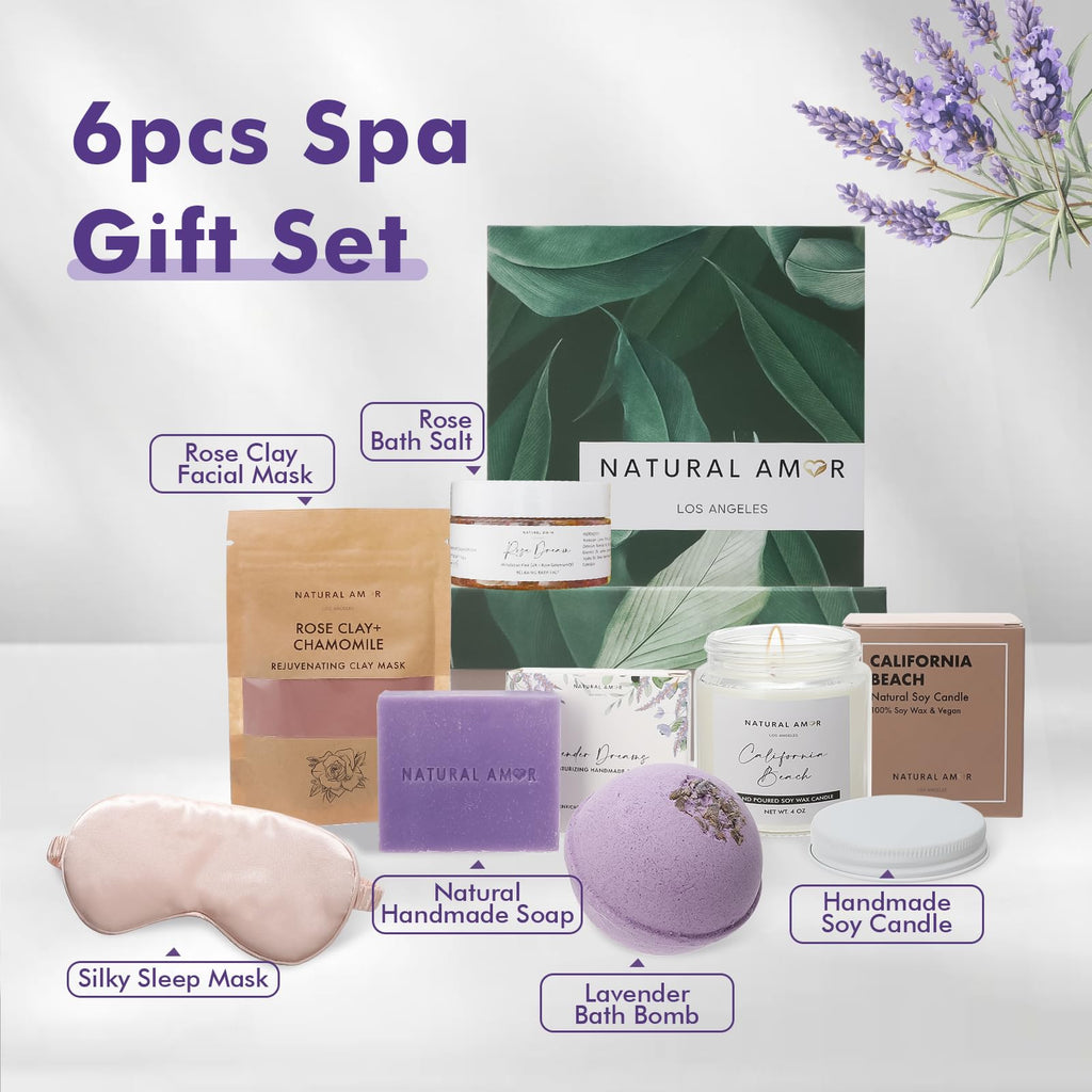 Natural Amor Spa Gift Set for Women – 6-Piece Self-Care Gift Box with Handmade Soap, Bath Bomb, Candle & Skincare