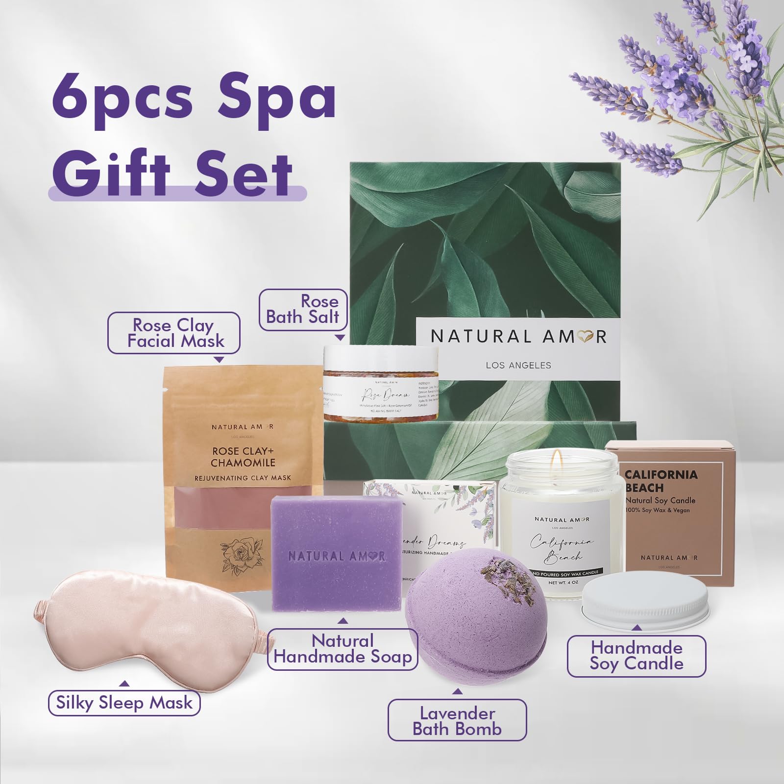 Natural Amor Spa Gift Set for Women – 6-Piece Self-Care Gift Box with Handmade Soap, Bath Bomb, Candle & Skincare