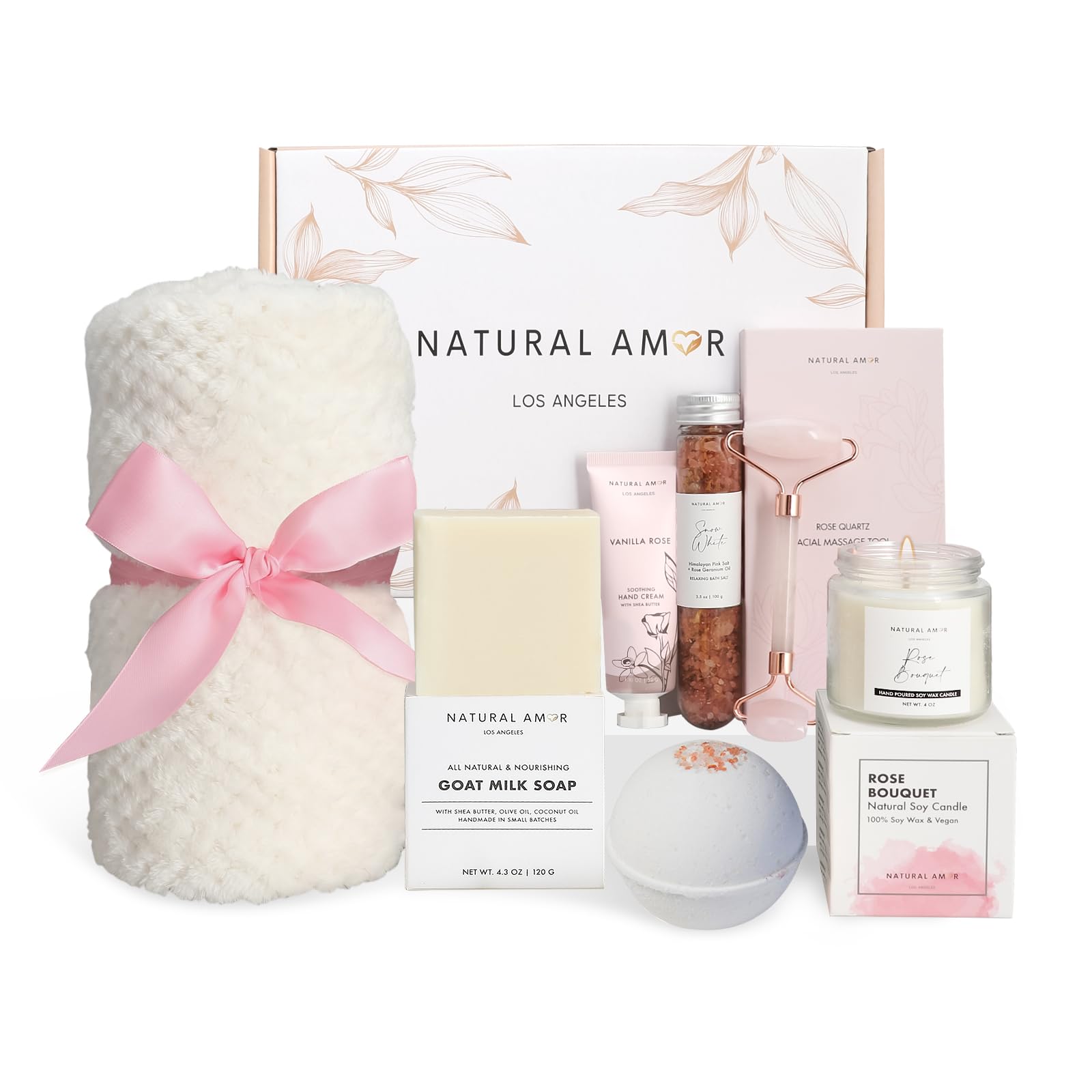 Natural Amor Spa Gift Set – 7-Piece Home Spa Box with Blanket, Bath Bomb, Candle & More