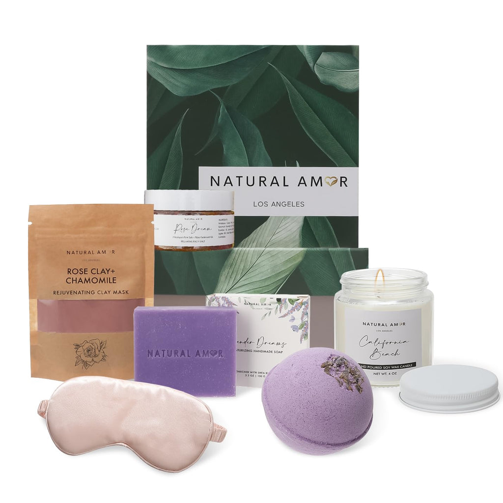 Natural Amor Spa Gift Set for Women – 6-Piece Self-Care Gift Box with Handmade Soap, Bath Bomb, Candle & Skincare