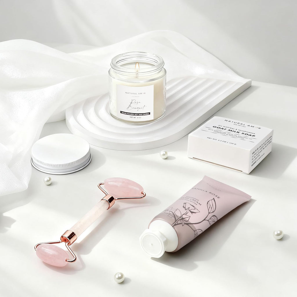 Natural Amor Spa Gift Set – 7-Piece Home Spa Box with Blanket, Bath Bomb, Candle & More