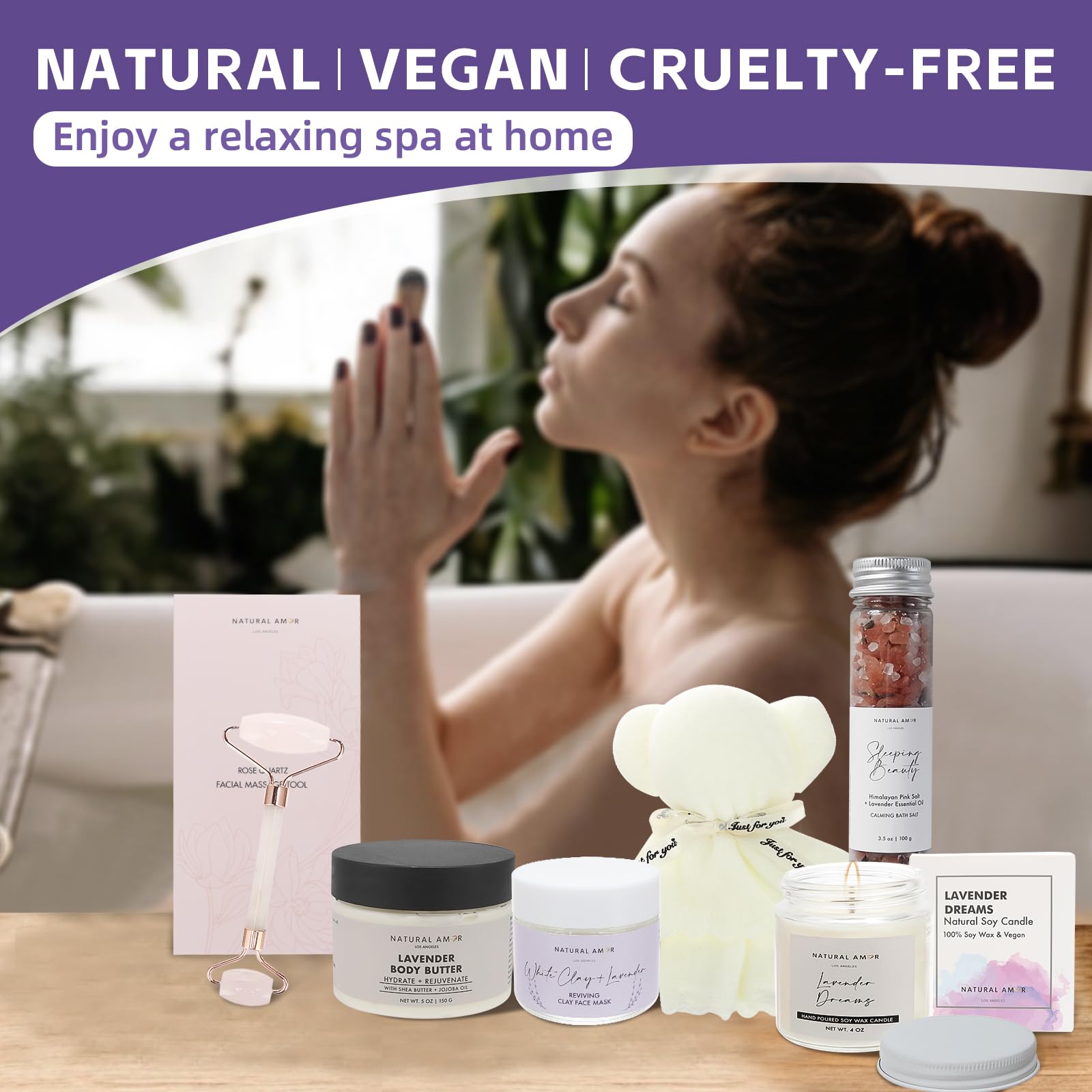 Natural Amor Lavender Spa Gift Set – 6-Piece Handmade Self-Care Kit | Body Butter, Bath Salt, Clay Mask, Candle, Jade Roller & Bear Towel