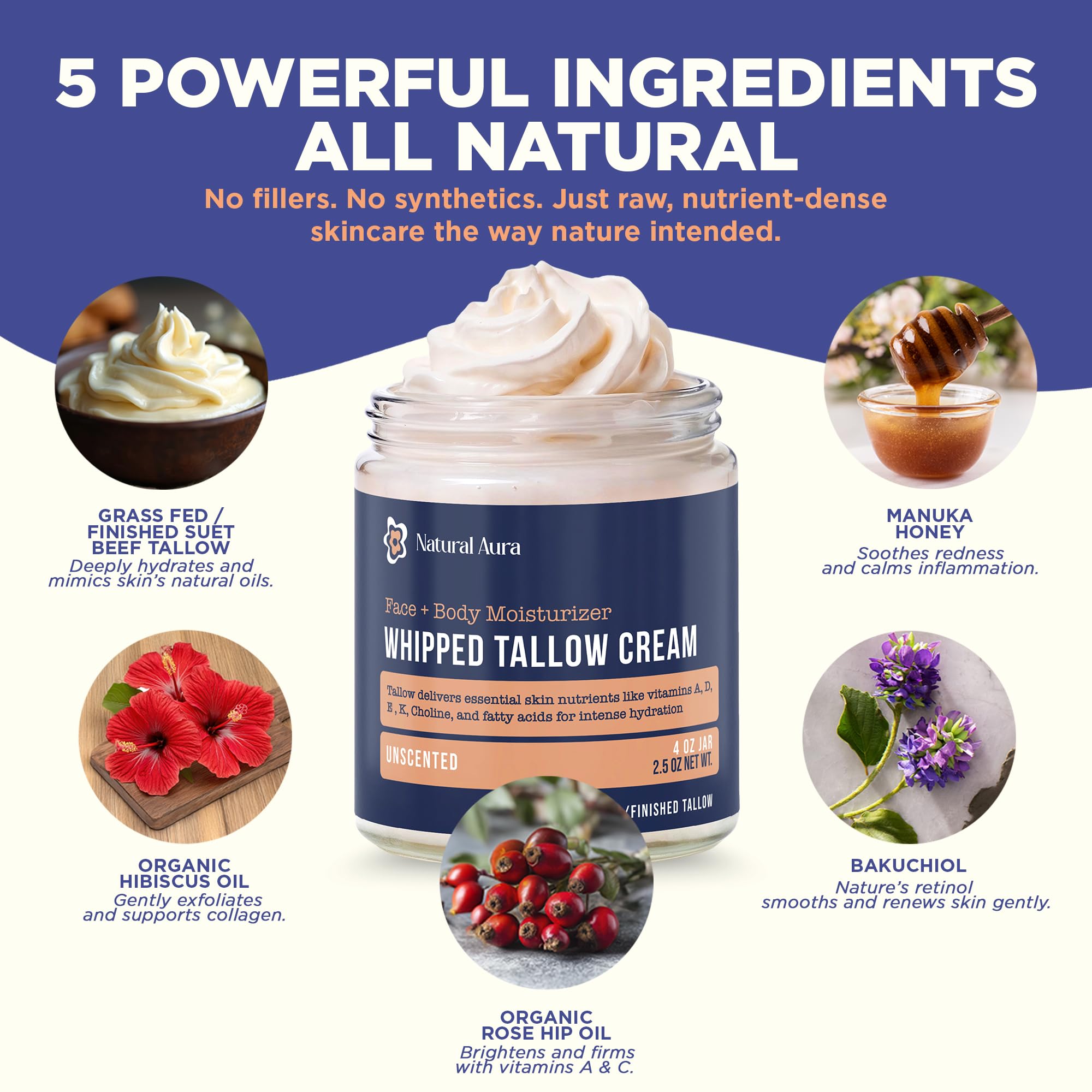 Natural Aura Whipped Beef Tallow for Skin – Unscented 4oz Face & Body Moisturizer