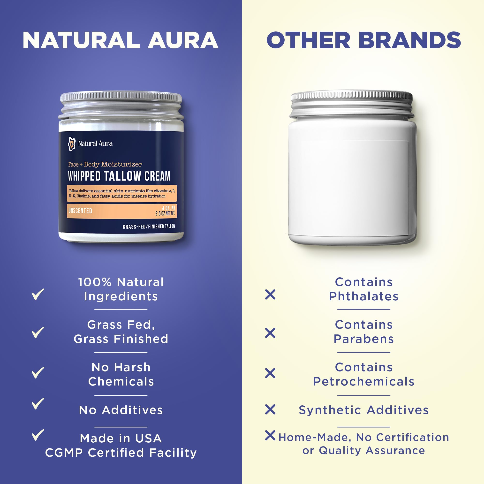 Natural Aura Whipped Beef Tallow for Skin – Unscented 4oz Face & Body Moisturizer