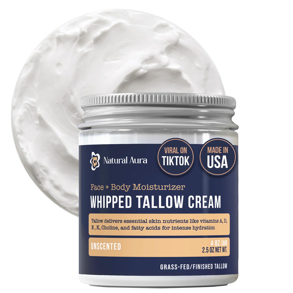 Natural Aura Whipped Beef Tallow for Skin – Unscented 4oz Face & Body Moisturizer
